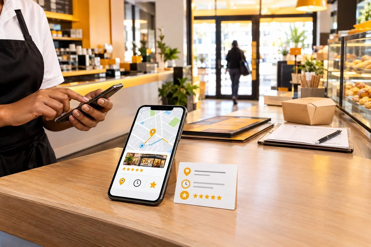 Atendendente com um celular na maão em atendimento e outro celular na mesa com o Google Maps