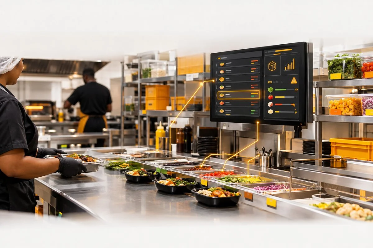 Auxiliar de cozinha organizando pratos em um ambiente de automação de processos